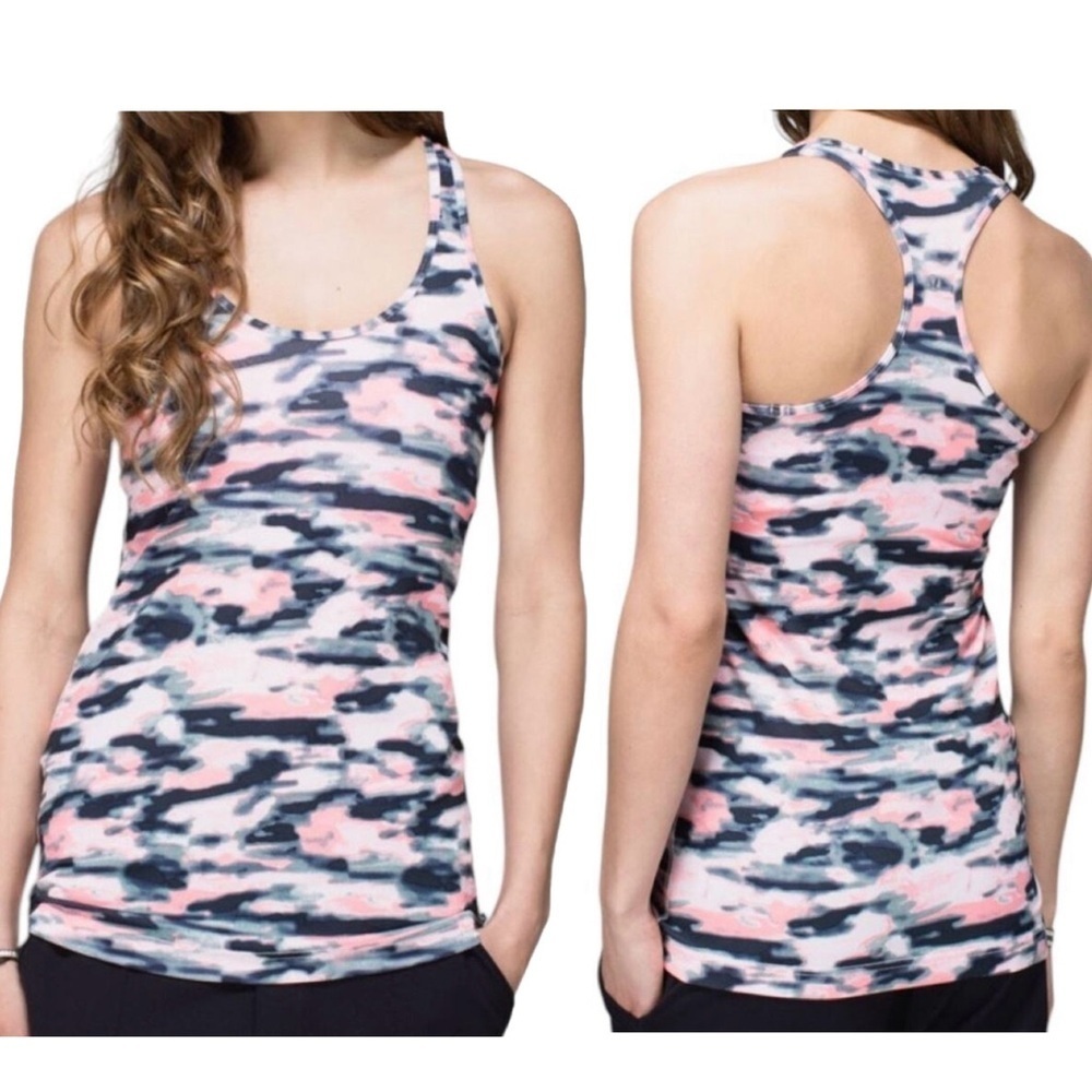 Lululemon cool racer back pink gray camo camouflage fitted tank top athletic M